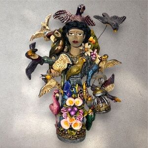 FOLK ART from Oaxaca: Woman w/ 15 Birds, Signed By Jose Juan Garcia Aguilar